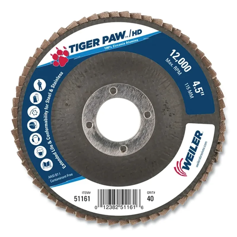 Tiger Paw™ Super High Density Flap Disc, 4-1/2 in dia, 40 Grit, 7/8 in Arbor, 12000 RPM, Type 27 Flat