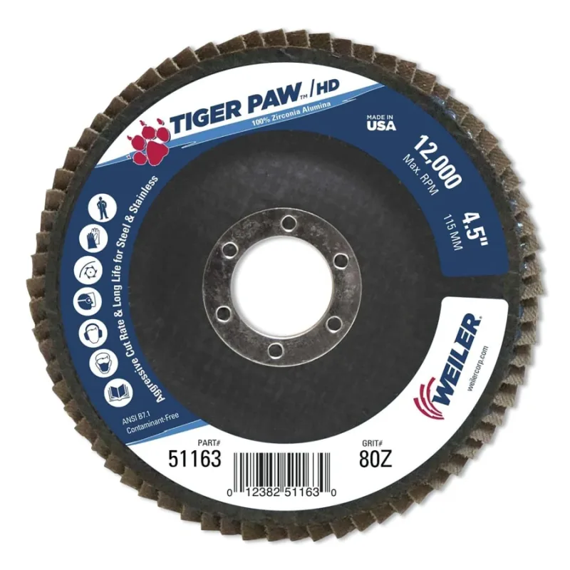 Tiger Paw™ Super High Density Flap Disc, 4-1/2 in dia, 80 Grit, 7/8 in Arbor, 12000 RPM, Type 27 Flat