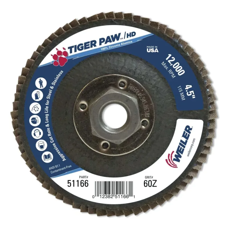 Tiger Paw™ Super High Density Flap Disc, 4-1/2 in dia, 60 Grit, 5/8 in-11 Arbor, 12000 RPM, Type 27 Flat