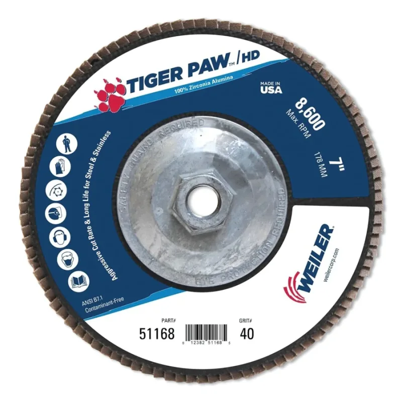Tiger Paw™ Super High Density Flap Disc, 7 in dia, 40 Grit, 5/8 in-11 Arbor, 8600 RPM, Type 27 Flat