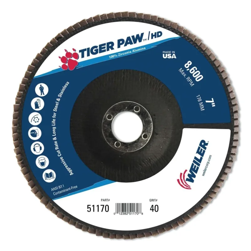 Tiger Paw™ Super High Density Flap Disc, 7 in dia, 40 Grit, 7/8 in Arbor, 8600 RPM, Type 27 Flat