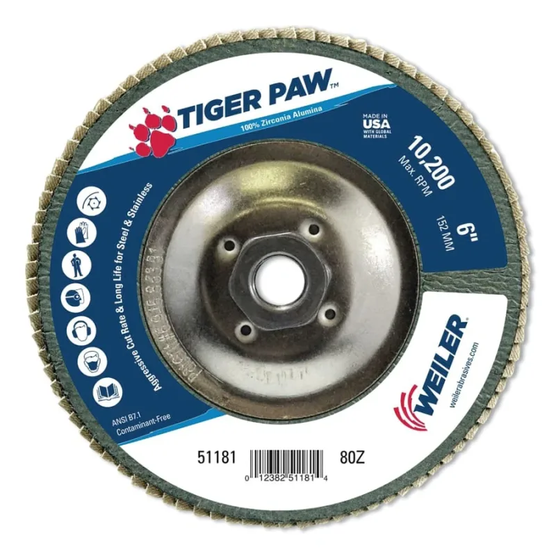 Tiger Paw™ TY29 Coated Abrasive Flap Disc, 6 in, 80 Grit, 5/8 in-11 Hub Arbor