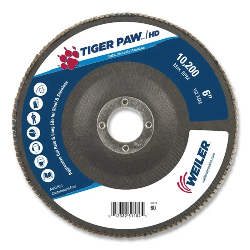 Tiger Paw™ Super High Density Flap Disc, 6 in dia, 7/8 in arbor, Type 27