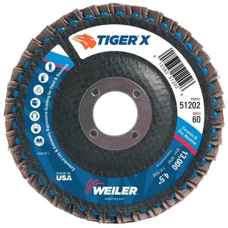 Tiger® X Flap Disc, 4-1/2 in Angled, 60 Grit, 7/8 in Arbor
