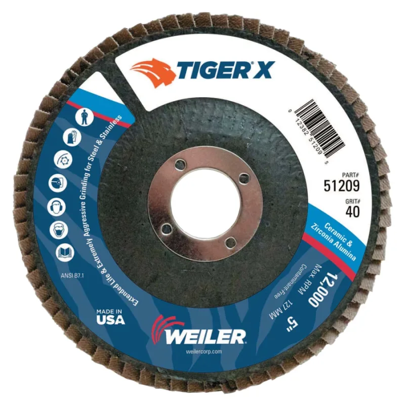 Tiger® X Flap Disc, 5 in Angled, 40 Grit, 7/8 in Arbor