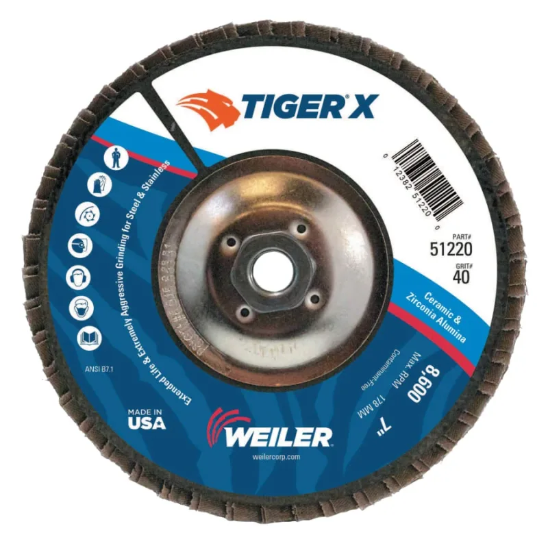 Tiger® X Flap Disc, 7 in Angled, 40 Grit, 5/8 in - 11 Arbor
