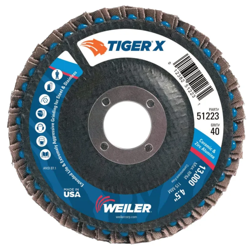 Tiger® X Flap Disc, 4-1/2 in dia, 40 Grit, 7/8 in Arbor, 13000 rpm, Type 27