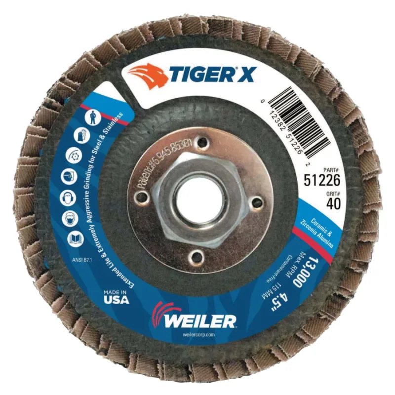 Tiger® X Flap Disc, 4-1/2 in dia, 40 Grit, 5/8 in - 11, 13000 rpm, Type 27