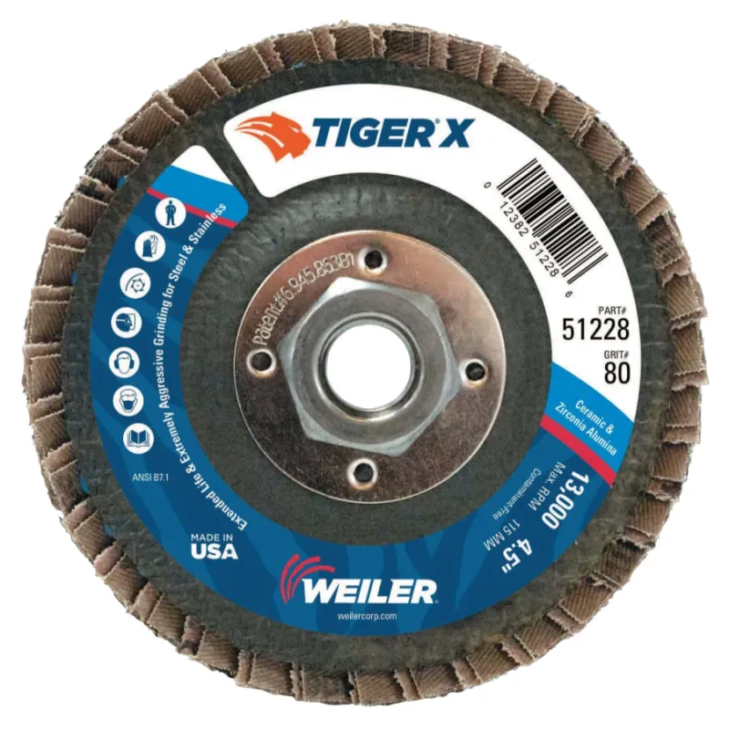 Tiger® X Flap Disc, 4-1/2 in dia, 80 Grit, 5/8 in - 11, 13000 rpm, Type 27