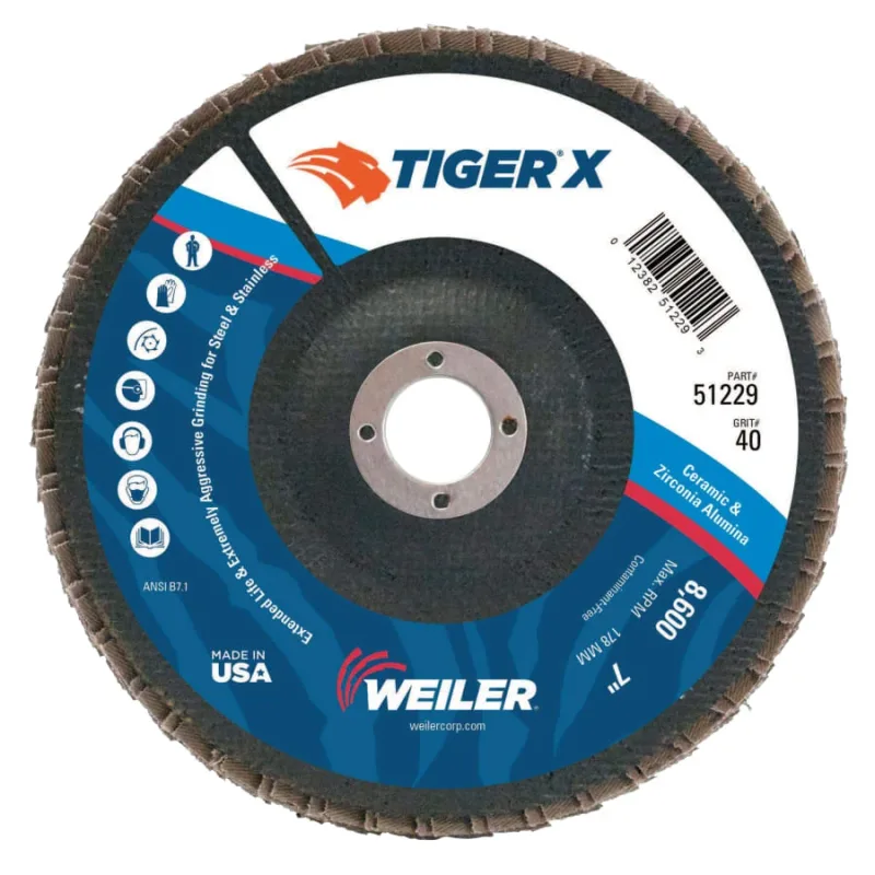 Tiger® X Flap Disc, 7 in Flat, 40 Grit, 7/8 in Arbor