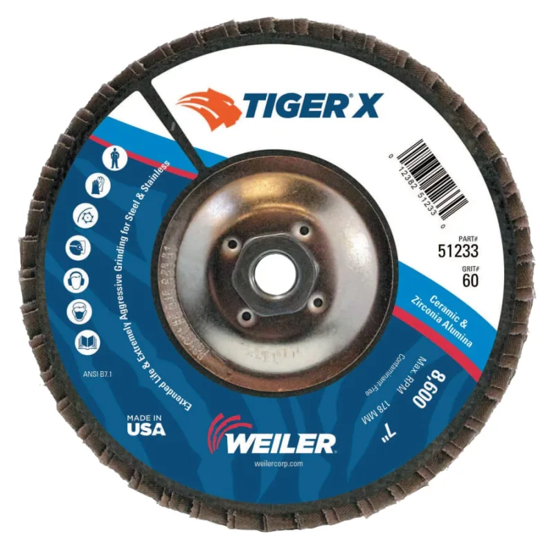 Tiger® X Flap Disc, 7 in Flat, 60 Grit, 5/8 in - 11 Arbor