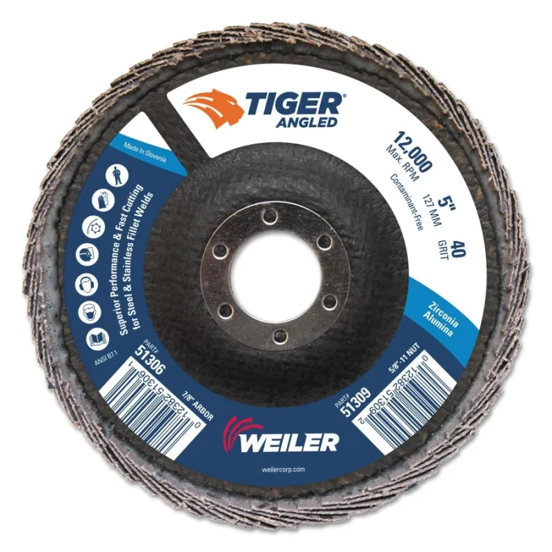 Tiger Angled Flap Disc, 5 in Dia, 40 Grit, 12000 rpm