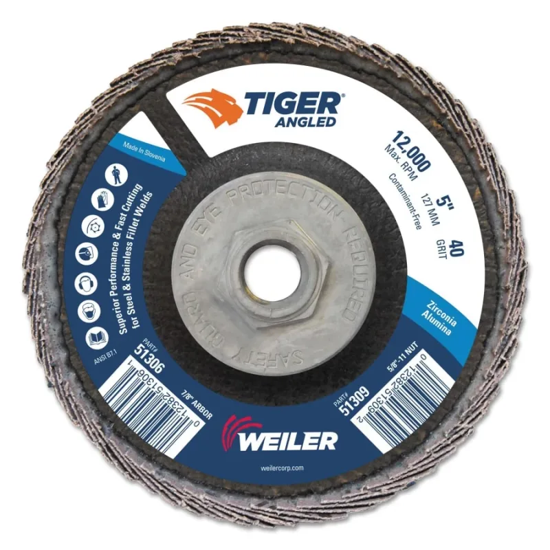 Tiger Angled Flap Disc, 5 in Dia, 40 Grit, 5/8 in-11 Arbor, 12000 rpm