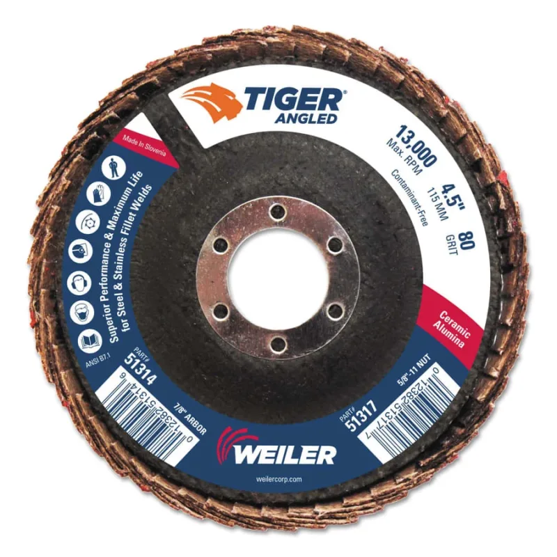 Tiger Angled Flap Disc, 7/8 in, 80 Grit, 10 per Box