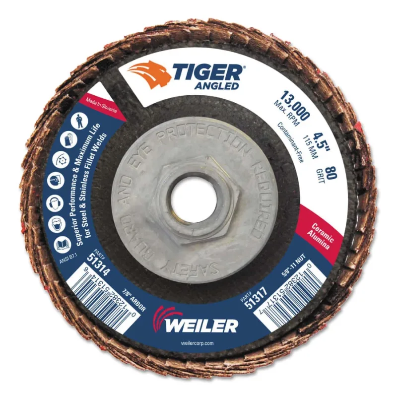 Tiger Angled Flap Disc, 5/8 in - 11, 80 Grit, 10 per Box