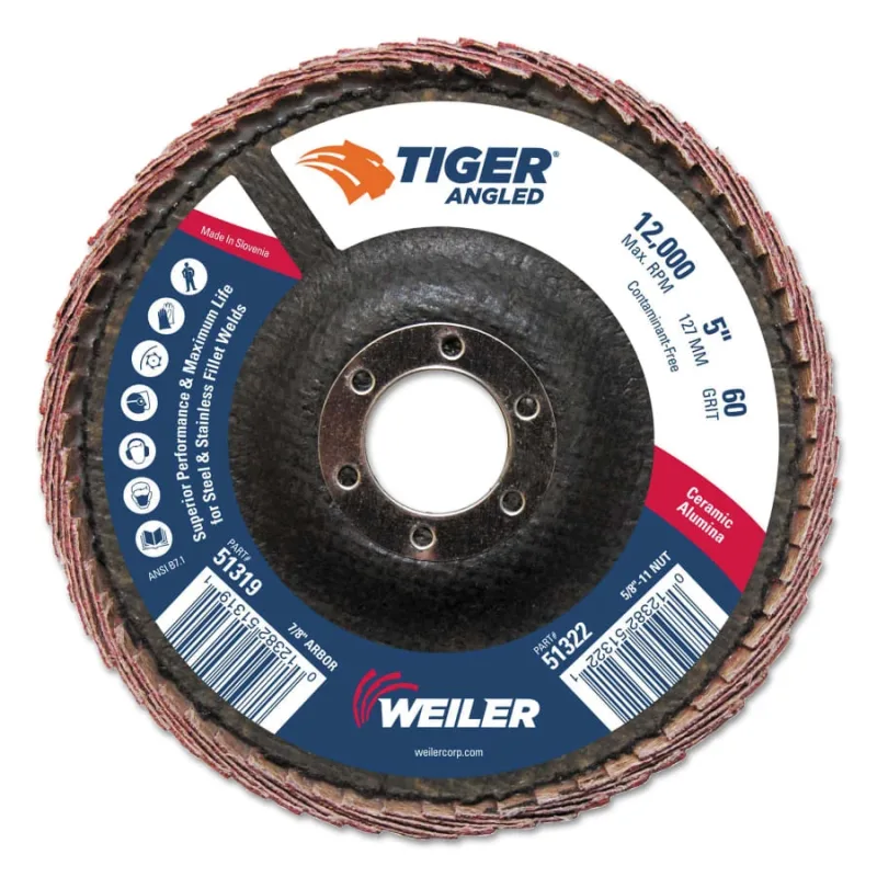 Tiger Angled Flap Disc, 5 in Dia, 60 Grit, 12000 rpm