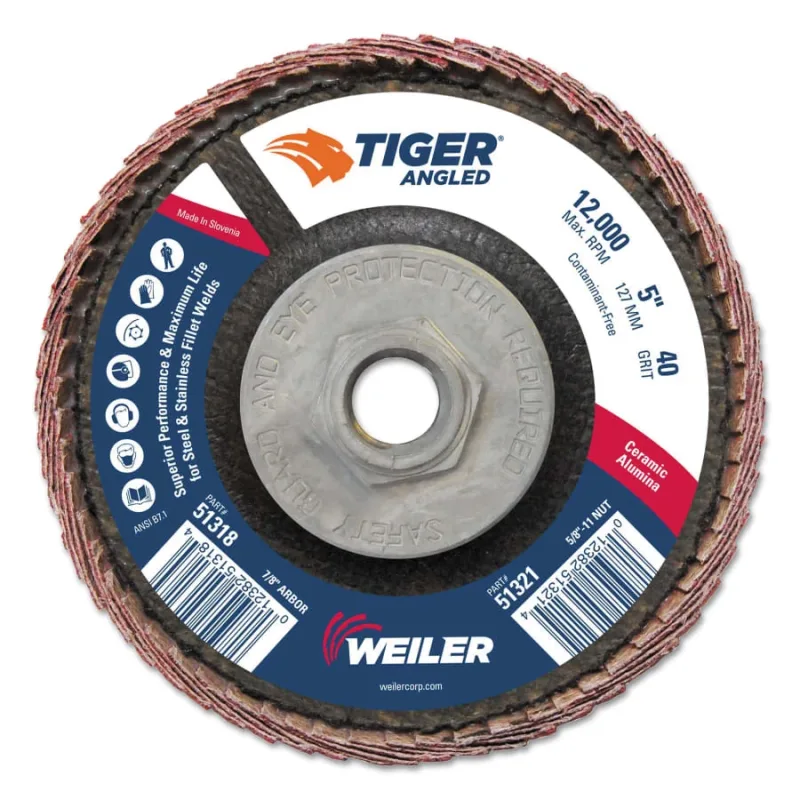 Tiger Angled Flap Disc, 5 in Dia, 40 Grit, 5/8 in-11 Arbor, 12000 rpm