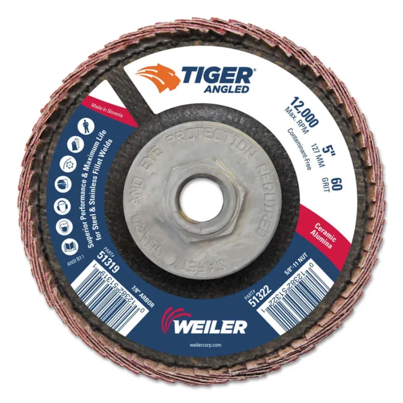 Tiger Angled Flap Disc, 5 in Dia, 60 Grit, 5/8 in-11 Arbor, 12000 rpm