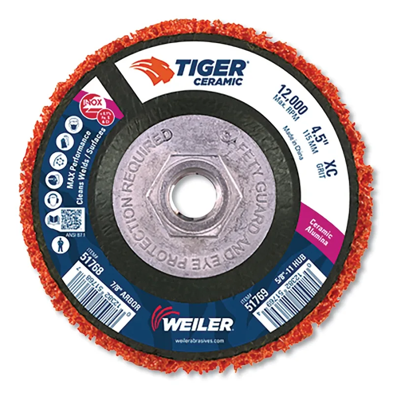 Tiger® Strip Disc, 4.5 in dia, 5/8 in - 11 UNC Nut, X-Coarse, 12000 RPM, Ceramic, Orange