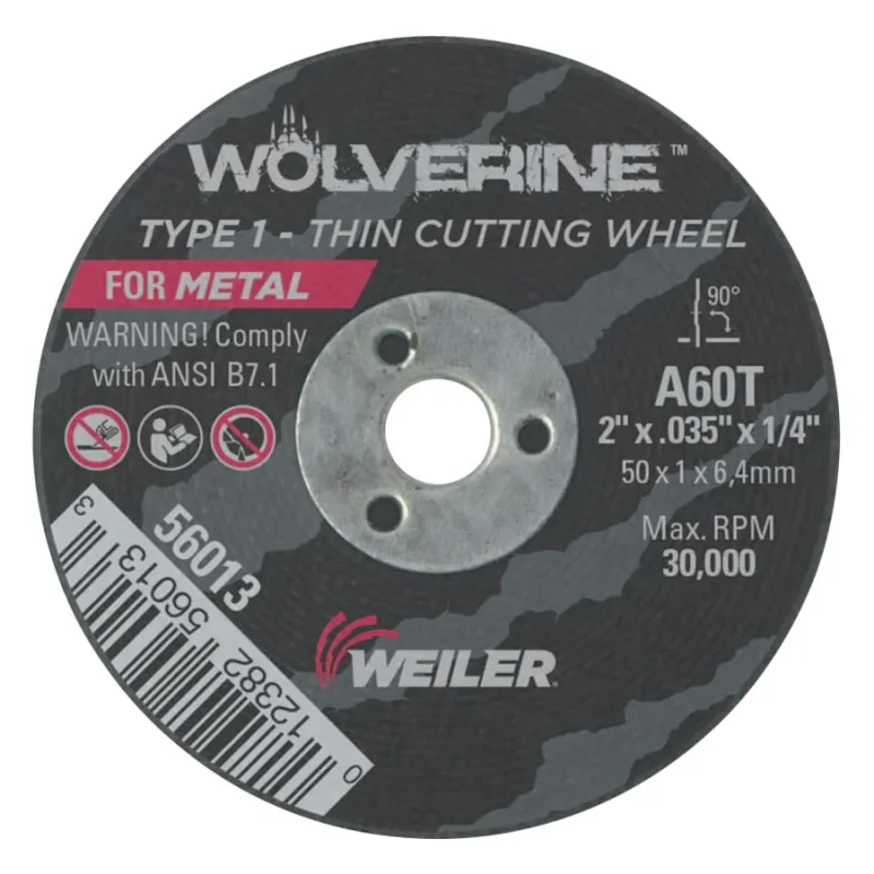 Wolverine® Die Grinder Cut-Off Wheel, Type 1, AO, 2 in dia x 1/4 in AH x 0.035 in Thick, 60T, 100 EA/BX