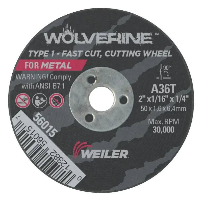 Wolverine® Die Grinder Cut-Off Wheel, Type 1, AO, 2 in dia x 1/4 in AH x 1/16 in Thick, 36T, 100 EA/CA