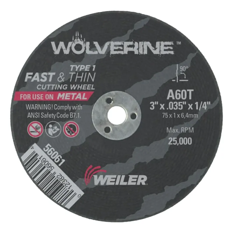 Wolverine® Die Grinder Cut-Off Wheel, Type 1, AO, 3 in dia x 1/4 in AH x 0.035 in Thick, 60T, 1 EA/EA