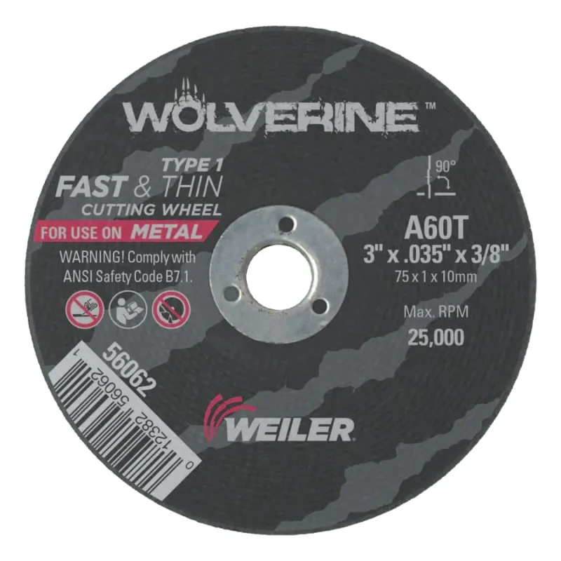 Wolverine® Die Grinder Cut-Off Wheel, Type 1, AO, 3 in dia x 3/8 in AH x 0.035 in Thick, 60T, 100 EA/PK