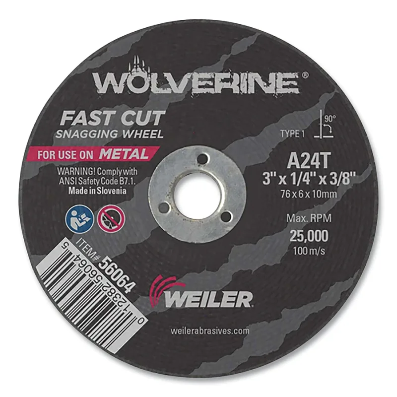 Wolverine® Snagging Die Grinder Cut-Off Wheel, A24T, 3 in dia, 1/4 in Thick, 3/8 in AH, 24 Grit, Type 1