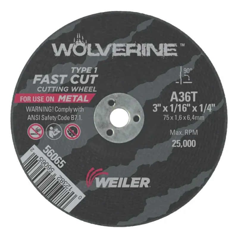 Wolverine® Die Grinder Cut-Off Wheel, Type 1, AO, 3 in dia x 1/4 in AH x 1/16 in Thick, 36T, 1 EA/EA