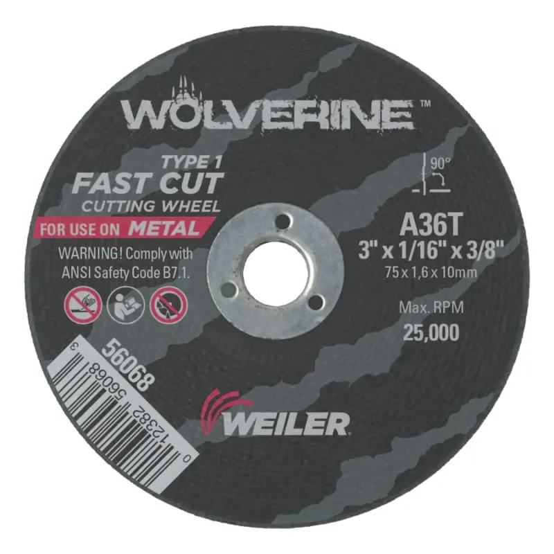 Wolverine® Die Grinder Cut-Off Wheel, Type 1, AO, 3 in dia x 3/8 in AH x 1/16 in Thick, 36T, 1 EA/EA