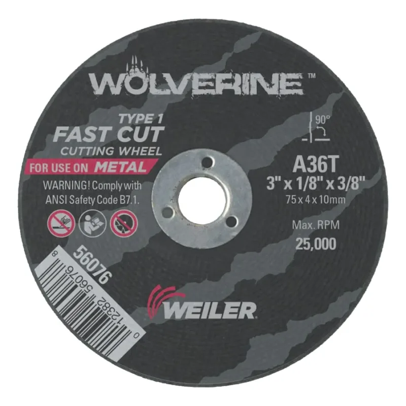 Wolverine® Die Grinder Cut-Off Wheel, Type 1, AO, 3 in dia x 3/8 in AH x 1/8 in Thick, 36T, 100 EA/CA