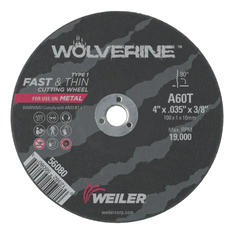 Wolverine® Die Grinder Cut-Off Wheel, Type 1, AO, 4 in dia x 3/8 in AH x 0.035 in Thick, 60T, 1 EA/EA
