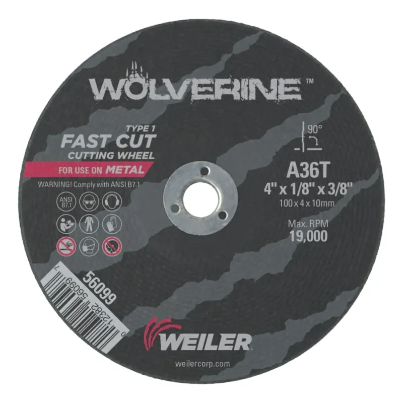 Wolverine® Die Grinder Cut-Off Wheel, Type 1, AO, 4 in dia x 3/8 in AH x 1/8 in Thick, 36T, 25 EA/BX