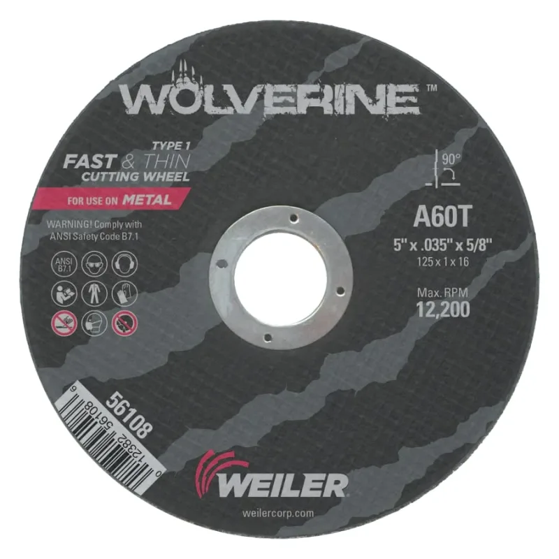 Wolverine® Angle Grinder Cut-Off Wheel, Type 1, AO, 5 in dia x 5/8 in AH x 0.035 in Thick, 60T, 25 EA/BX