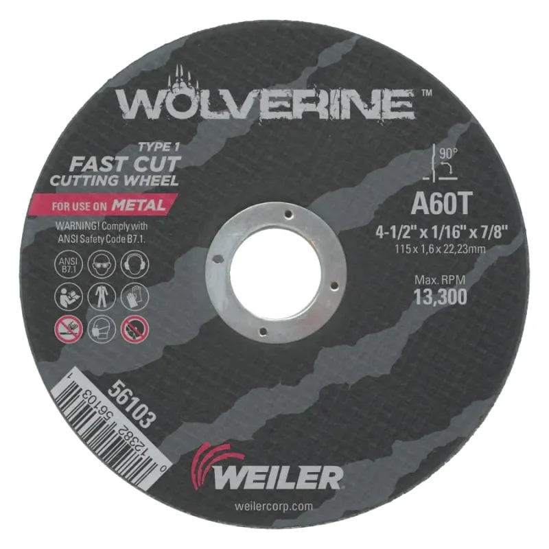 Wolverine® Angle Grinder Cut-Off Wheel, Type 1, AO, 5 in dia x 7/8 in AH x 1/16 in Thick, 36T, 25 EA/CT