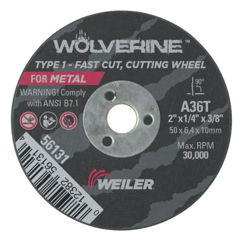 Wolverine® Snagging Wheel, A36T, 2 in dia, 1/4 in Thick, 3/8 in AH, 36 Grit, Type 1
