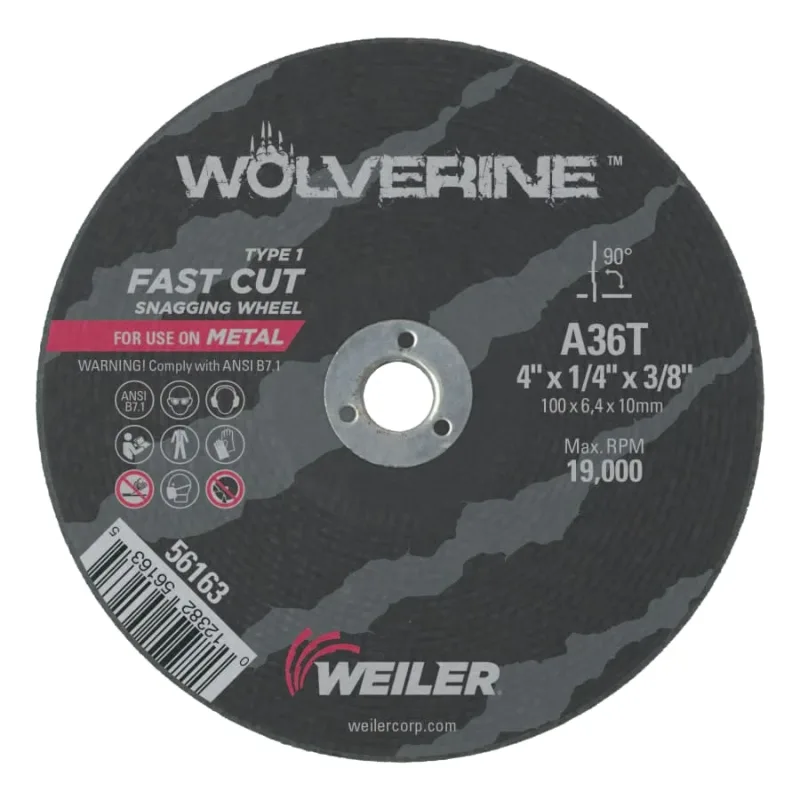 Wolverine® Snagging Wheel, A36T, 4 in dia, 1/4 in Thick, 3/8 in AH, 36 Grit, Type 1