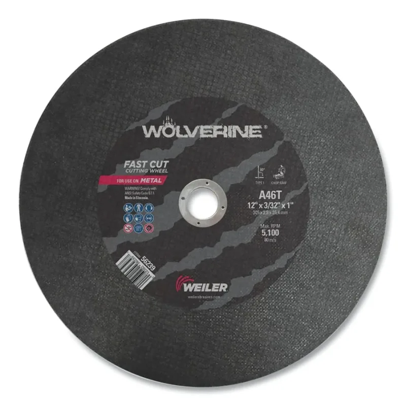 Wolverine™ AO Type 1 Chop Saw Large Cutting Wheel, 12 in dia x 3/32 in, 1 in Arbor Hole, A46T