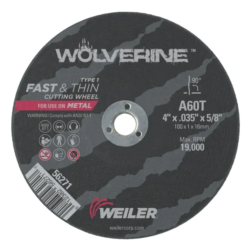 Wolverine® Angle Grinder Cut-Off Wheel, Type 1, AO, 4 in dia x 5/8 in AH x 0.035 in Thick, 60T, 1 EA/EA