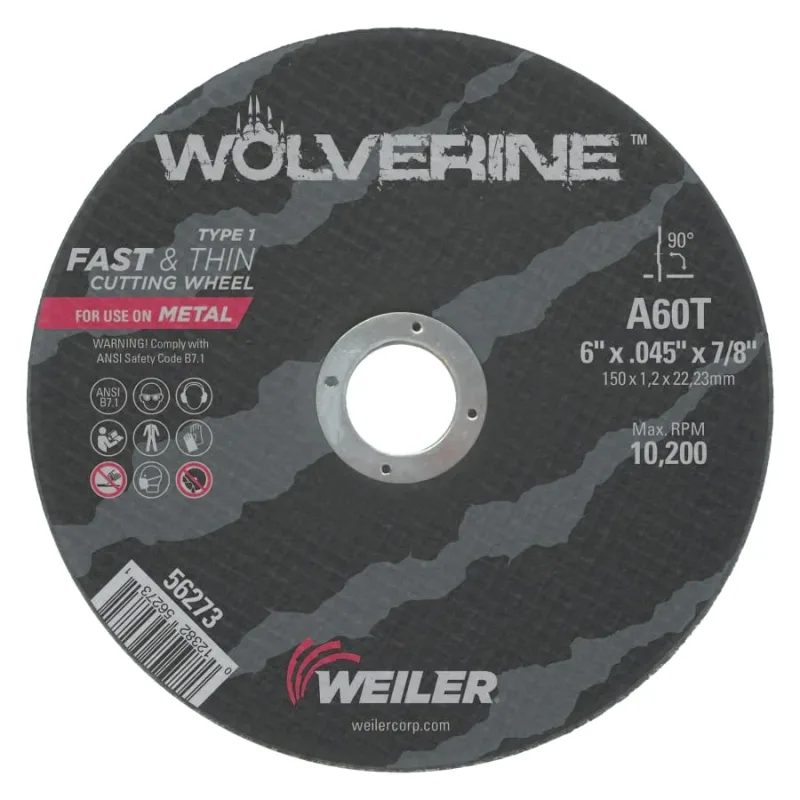 Wolverine® Angle Grinder Cut-Off Wheel, Type 1, AO, 6 in dia x 7/8 in AH x 0.045 in Thick, 60T, 1 EA/EA