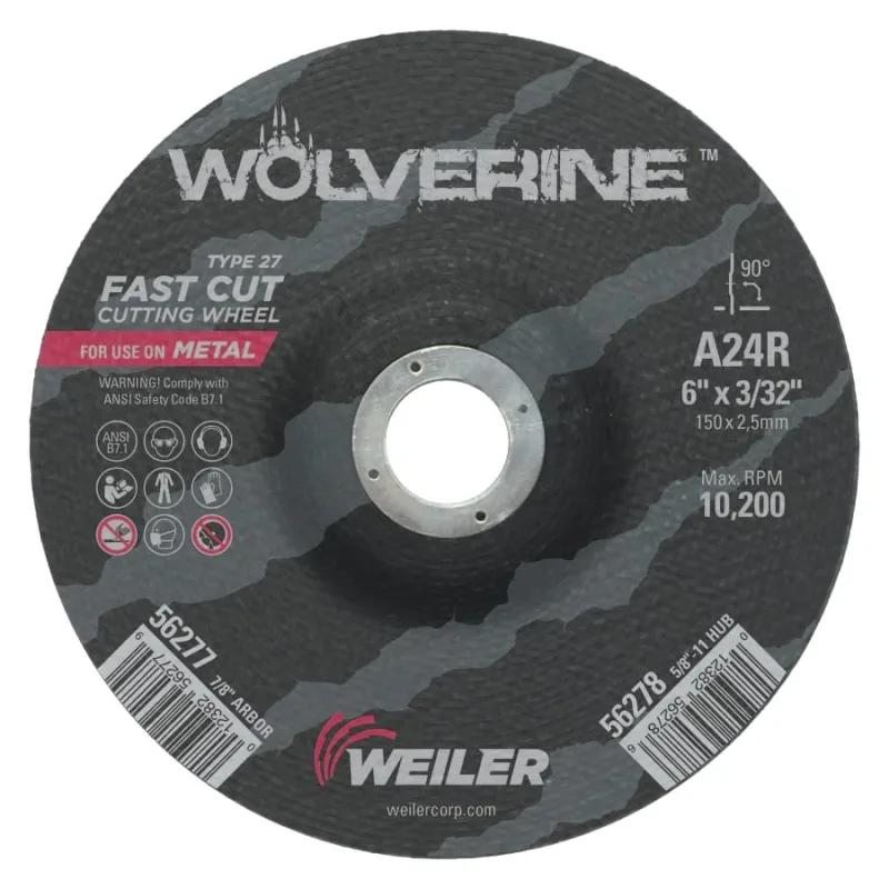 Wolverine® Cutting Wheel, A24R, 6 in dia, 3/32 in Thick, 7/8 in AH, 24 Grit, Type 27