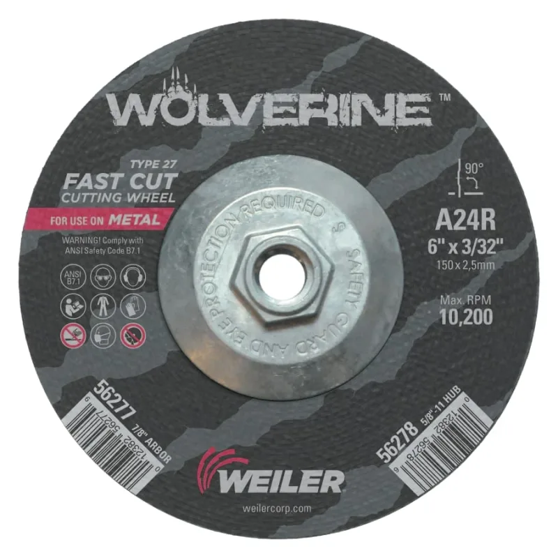 Wolverine® Cutting Wheel, A24R, 6 in dia, 3/32 in Thick, 5/8 in in-11 UNC AH, 24 Grit, Type 27