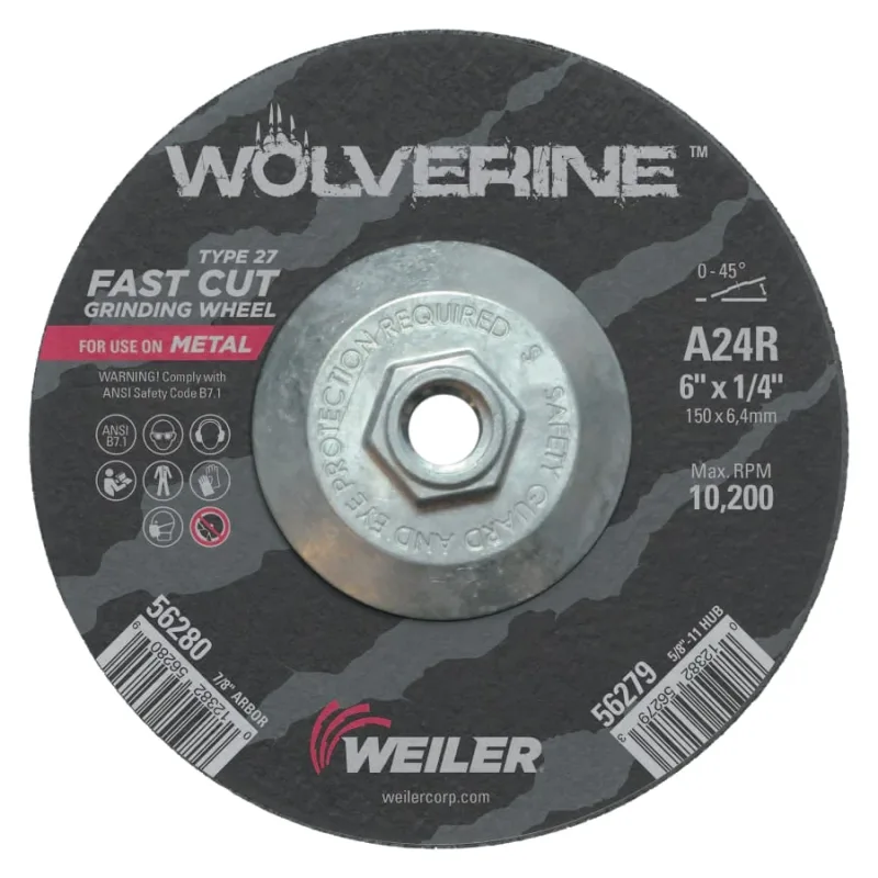 Wolverine® Grinding Wheel, A24R, 6 in dia, 1/4 in Thick, 5/8 in in-11 UNC AH, 24 Grit, Type 27