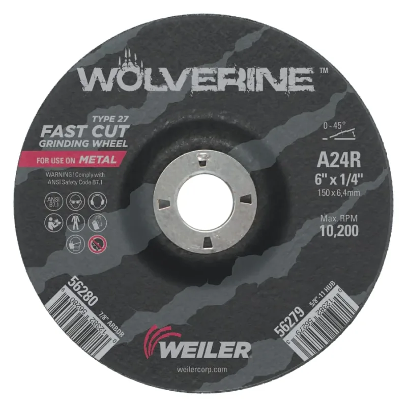 Wolverine® Grinding Wheel, A24R, 6 in dia, 1/4 in Thick, 7/8 in AH, 24 Grit, Type 27