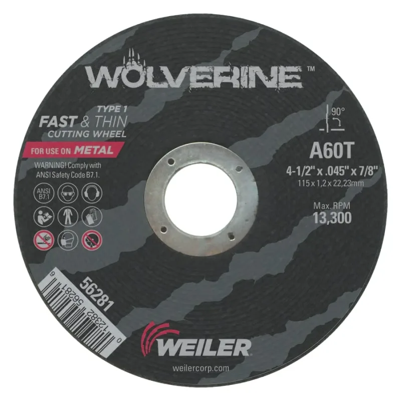 Wolverine® Angle Grinder Cut-Off Wheel, Type 1, AO, 4-1/2 in dia x 7/8 in AH x 0.045 in Thick, 60T, 1 EA/EA