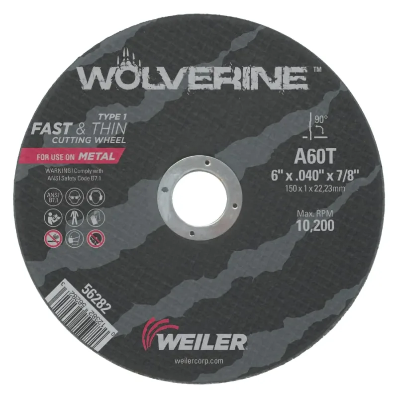 Wolverine® Angle Grinder Cut-Off Wheel, Type 1, AO, 6 in dia x 7/8 in Arbor x 0.040 in Thick, 60T, 1 EA/EA