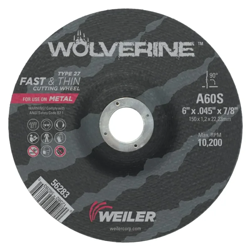 Wolverine® Cutting Wheel, WA60S, 6 in dia, 0.045 in Thick, 7/8 in AH, 60 Grit, Type 27