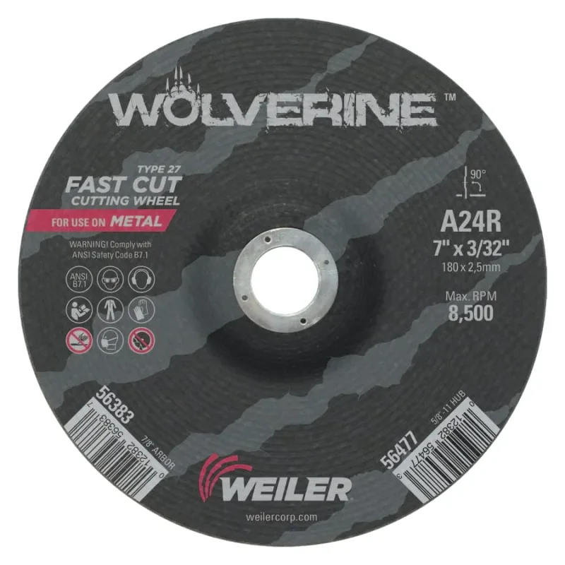 Wolverine® Cutting Wheel, A24R, 7 in dia, 3/32 in Thick, 7/8 in AH, 24 Grit, Type 27