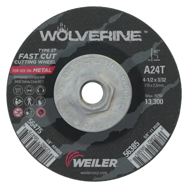 Wolverine® Cutting Wheel, A24T, 4-1/2 in dia, 3/32 in Thick, 5/8 in in-11 UNC AH, 24 Grit, Type 27