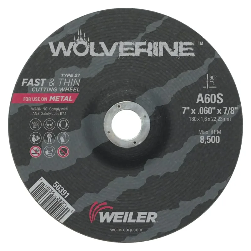 Wolverine® Cutting Wheel, A60S, 7 in dia, 0.060 in Thick, 7/8 in AH, 60 Grit, Type 27